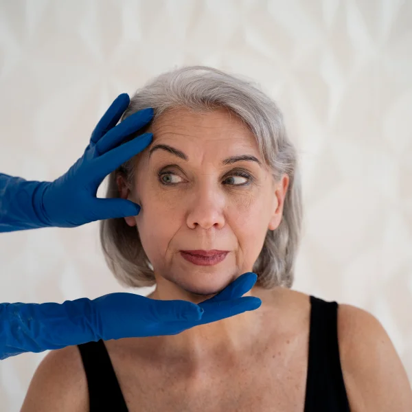 Une femme portant des gants bleus sur son visage, illustrant une expression de surprise ou de curiosité.