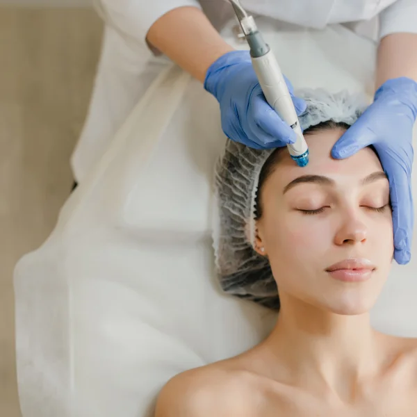 Une femme recevant un soin du visage dans un cadre relaxant, mettant en avant le bien-être et la beauté.